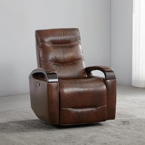 Seraphina Cognac Genuine Leather Power Swivel Glider Rocker Recliner with Power Headrest, Wooden Armrest and USB Port