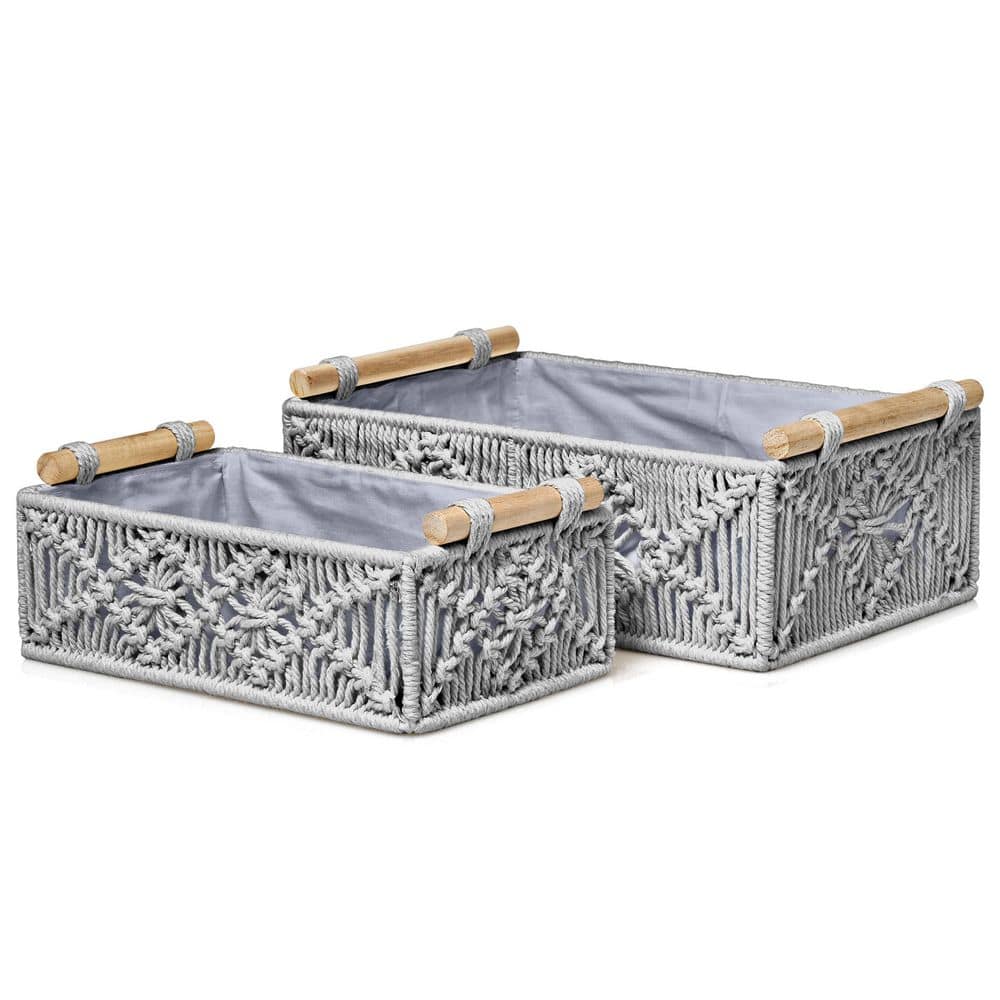 Macrame Boho Decor Baskets, Lined Woven Boxes Set for Bathroom, Gray 12 in.
