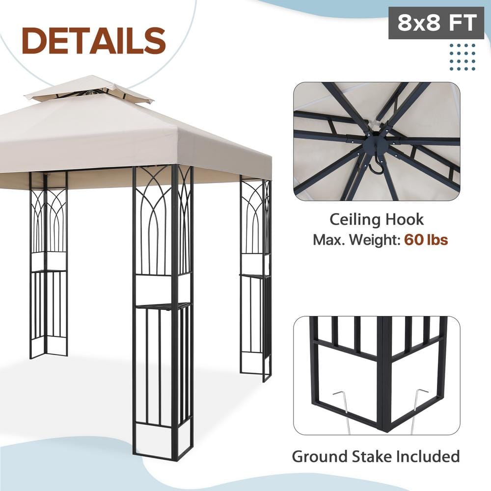 Beige Powder Coated Steel Patio Gazebo with Double Roof