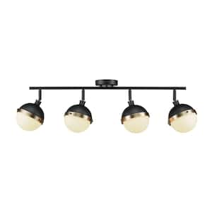 Bari 2.8 ft. 4-Lights Matte Black Fixed Track Lighting Kit with Brass Accents and Frosted Glass Shades, Bulbs Included