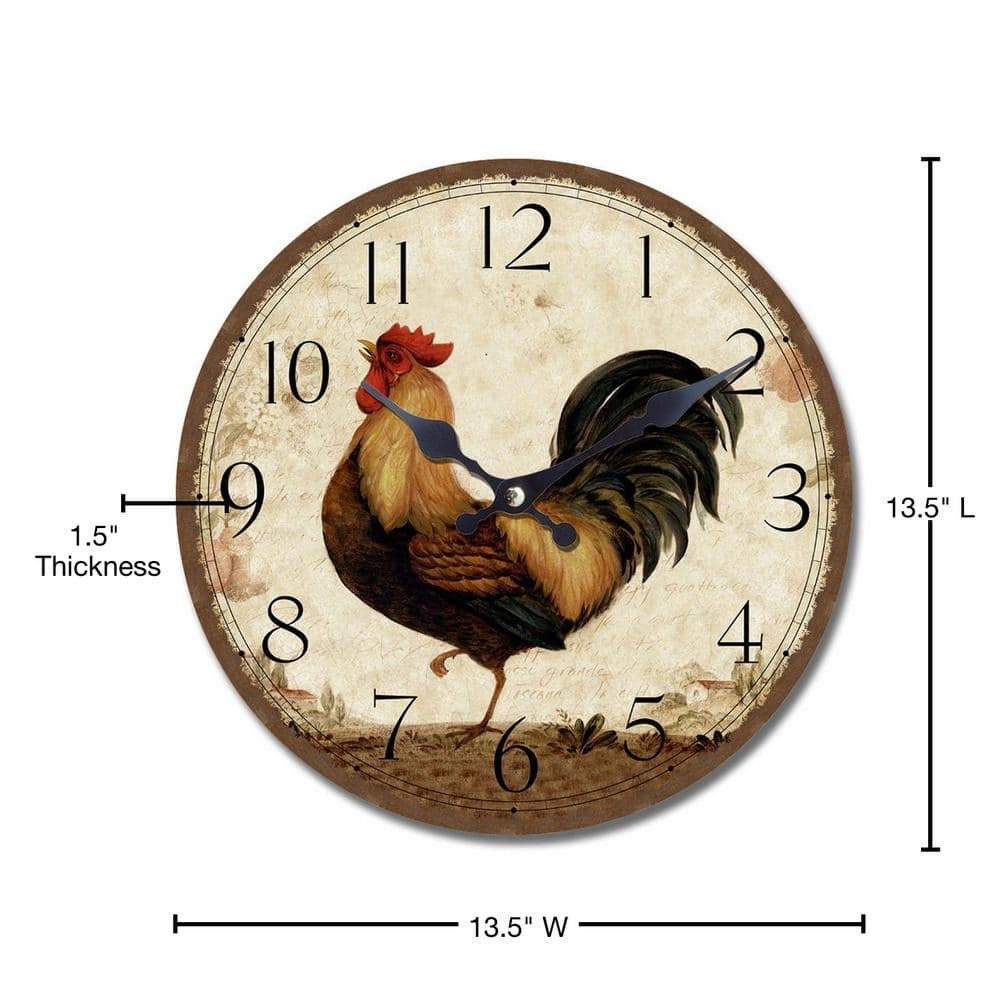 Circular Beige and Brown MDF Wall Clock with Rooster Print