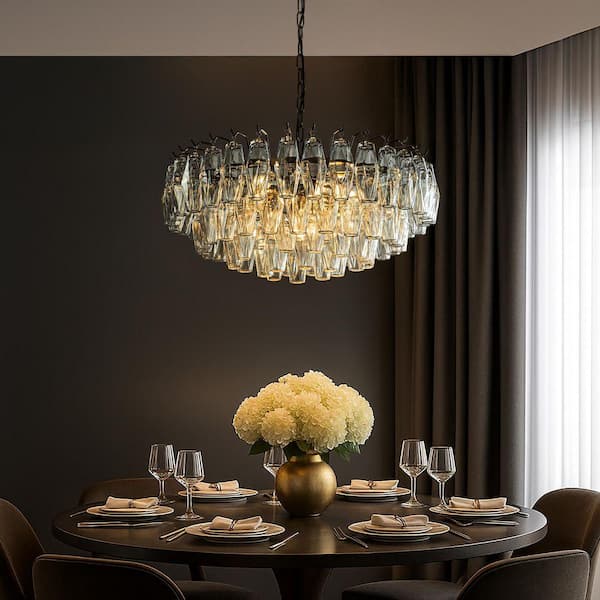 W28 in. 6-Light Mid-Century Modern Aged Bronze Round Tiered Chandelier with Murano Handblown Glass for Living Room