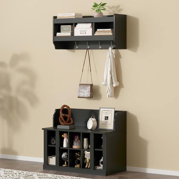 Celeste 35.40 in. W Black Wood Hallway Hall Tree with Shelves, Hooks and Wall Coat Rack