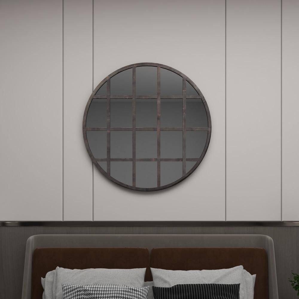 36" Round Bronze and Wood Accent Mirror