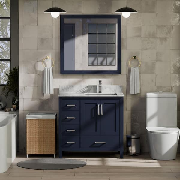 Jacques 36 in. W x 22 in. D Right Offset Navy Blue Bath Vanity and Carrara Marble Top