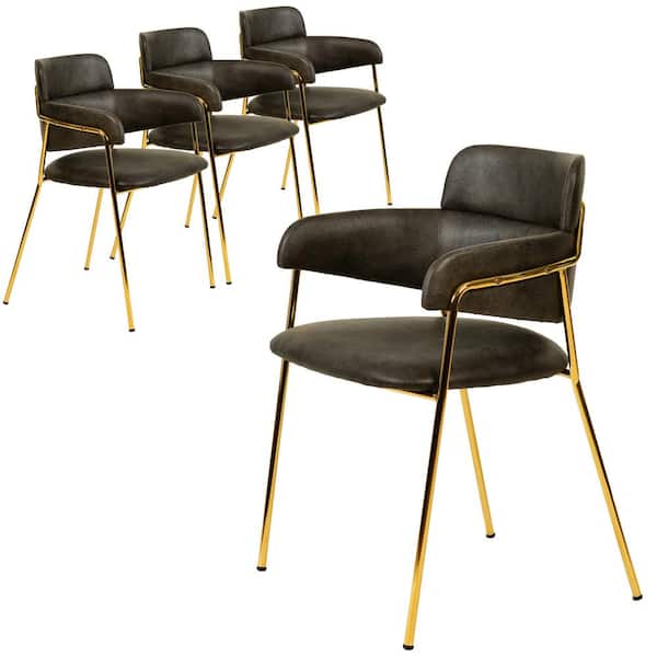 Upholstered Dining Chair in Leather Open-Back with Gold Stainless Steel Legs Axis Collection in Charcoal Set of 4