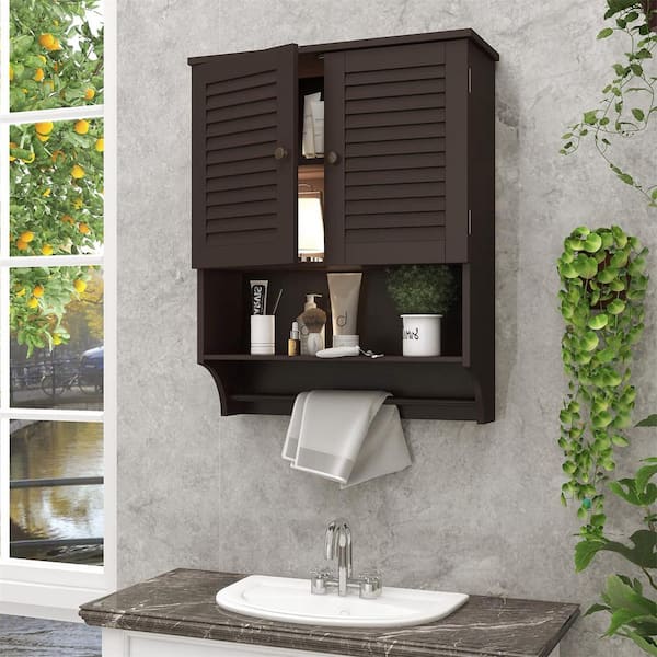 Dracelo 23.6 in. W x 8.9 in. D x 29.3 in. H Espresso Bathroom Over The Toilet Cabinet with Adjustable Shelves and Towels Bar, Brown