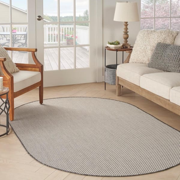 Courtyard Ivory/Charcoal 5 ft. x 8 ft. Oval Solid Geometric Contemporary Indoor/Outdoor Area Rug