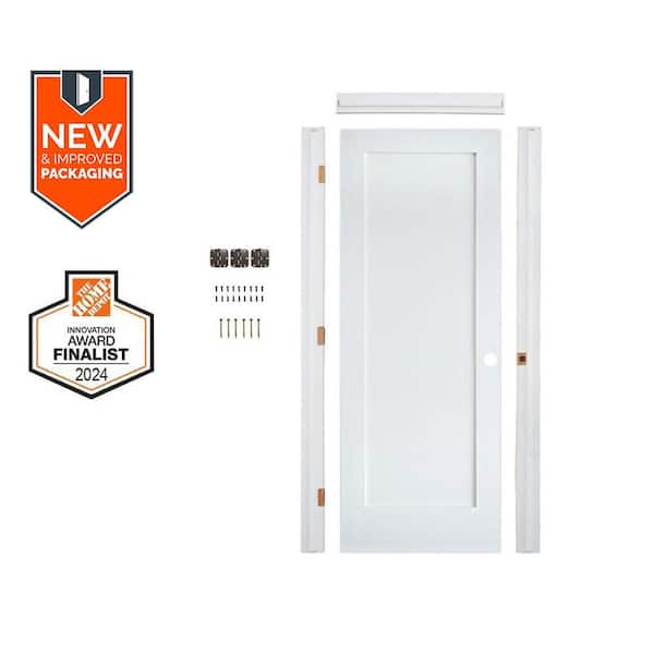 28in. x80in. Shaker 1-Panel Left-Hand Primed Solid Core MDF Wood Assembly Required Interior Door Kit w/QuickAssembleJamb