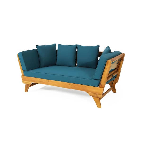 Sudzendf Teak Brown Wood Expandable Outdoor Patio Day Bed with Blue Cushions