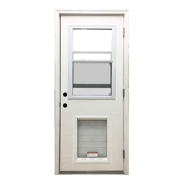 Steves & Sons 36 in. x 80 in. Reliant Series Clear Vented Half Lite LHOS White Primed Fiberglass Prehung Back Door with SL Pet Door