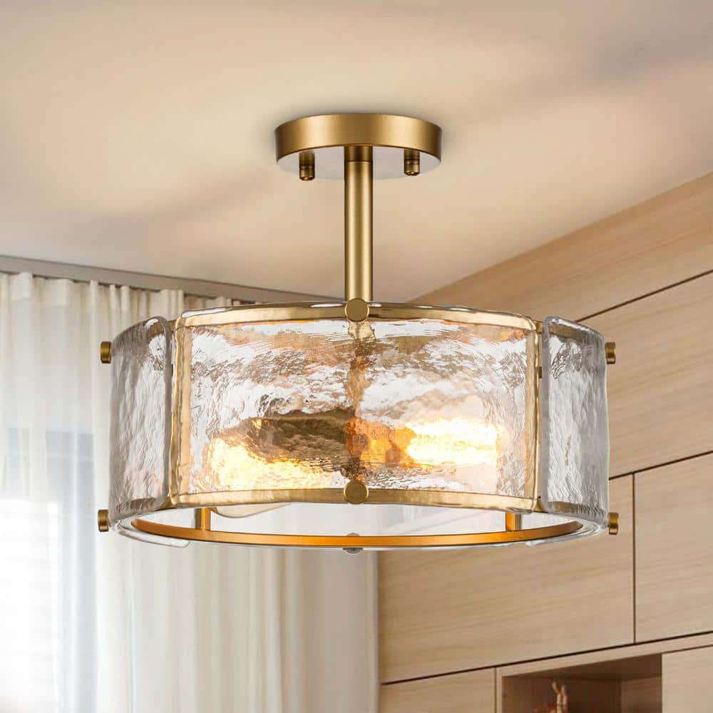 12.8 in. 2-Light Gold Modern/Contemporary Semi-Flush Mount Ceiling Light wi