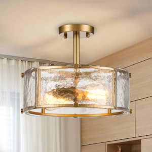 12.8 in. 2-Light Gold Modern/Contemporary Semi-Flush Mount Ceiling Light with Textured Glass Shade