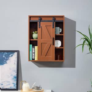 Wood Wall-Mounted 5-Tier Bathroom Storage Cabinet with Shelves and Door, Brown