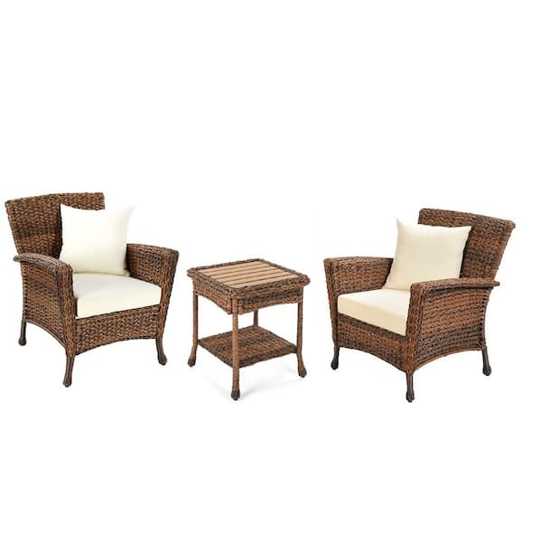 W Unlimited Rustic Brown 3-Piece Wicker Faux Sea Grass Conversation Set with Beige Cushions
