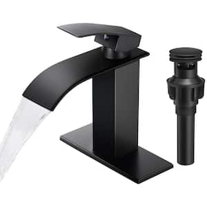 Single Handle Waterfall Spout Single Hole Bathroom Faucet with Deckplate and Pop-Up Drain Assembly in Matte Black