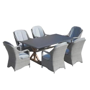 Over Grey 7-Piece Aluminum Outdoor Dining Rectangle Table Set with Semicircle Rattan Chairs and Grey Cushions