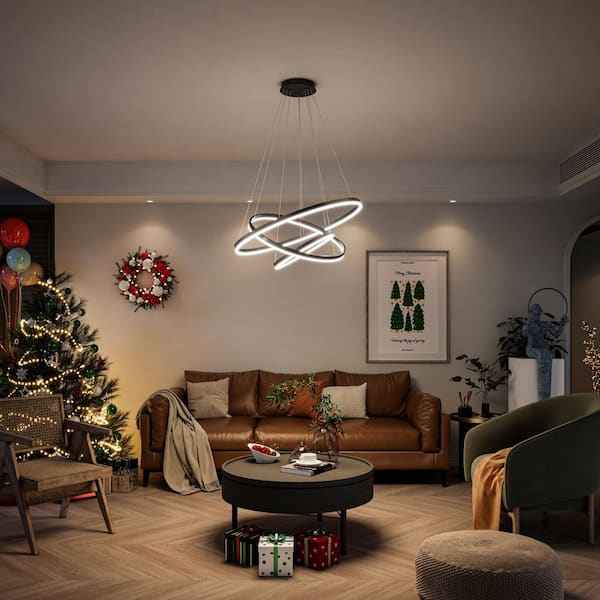 TOZING 31 in. 3-Light Modern Black Geometric Adjustable Styling Tiered Integrated LED Chandelier for Bedroom and Kitchen Island