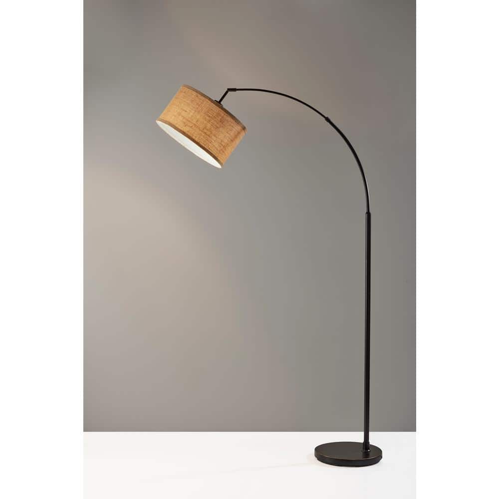 Antique Bronze Burlap Arc Floor Lamp with Drum Shade