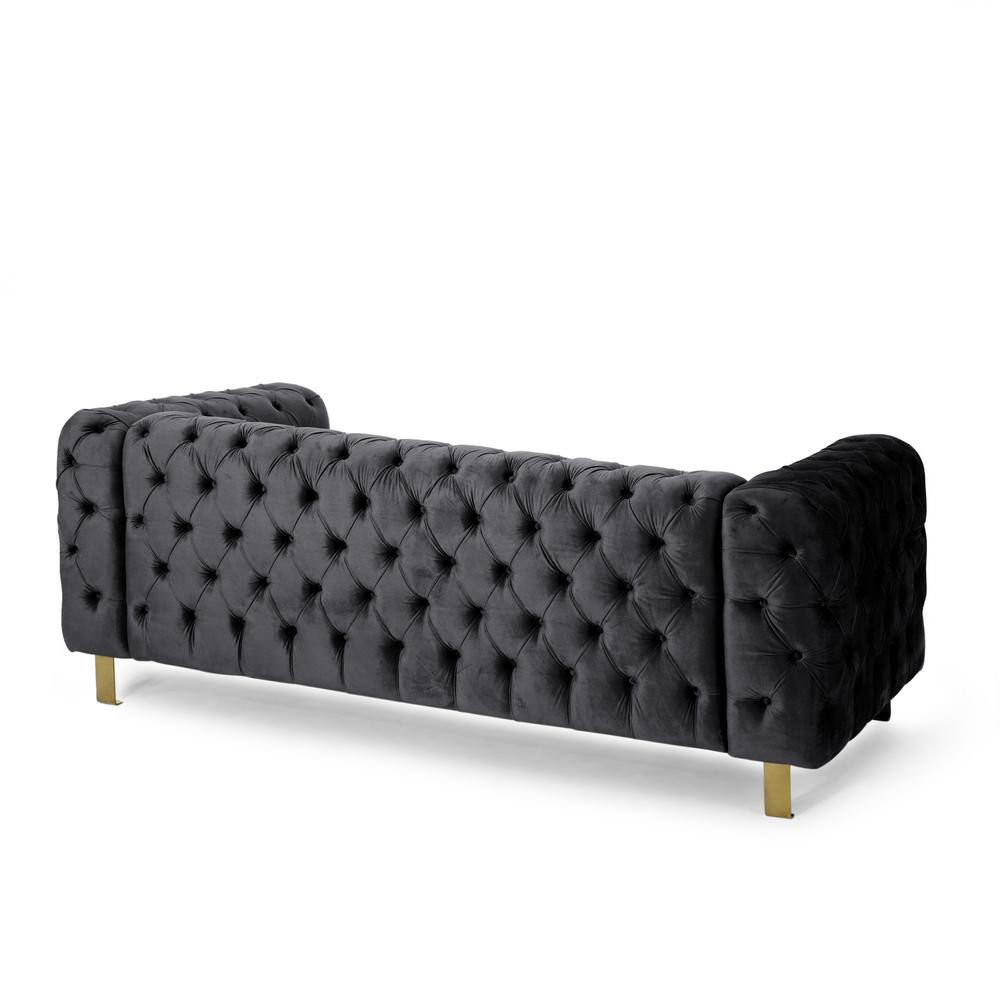 Elegant Modern Glam Black Velvet Tufted 3-Seater Sofa with Gold Accents