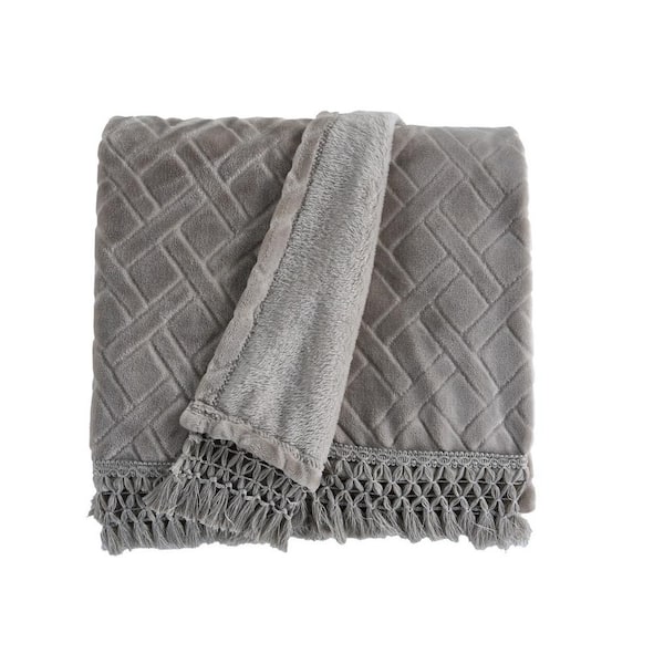 VIDERI HOME Diamond Fringe Plush Gray Throw Blanket