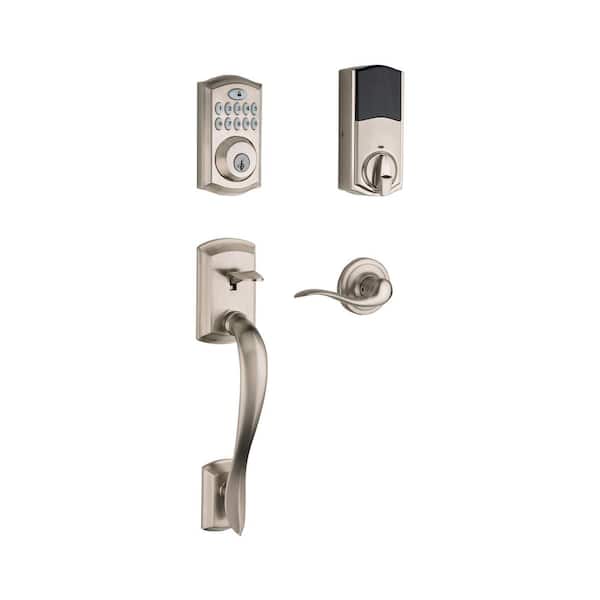 Kwikset Z-Wave SmartCode 914 Satin Nickel Single Cylinder Electronic Deadbolt with Avalon Handleset and Tustin Lever