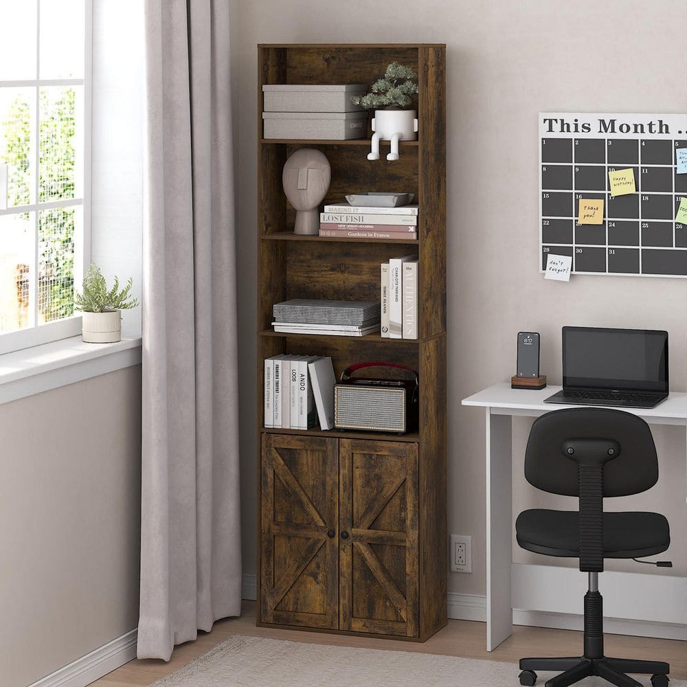 Jensen 71.26 in. Tall Amber Pine Wood 6-Shelf Bookcase with Farmhouse Style