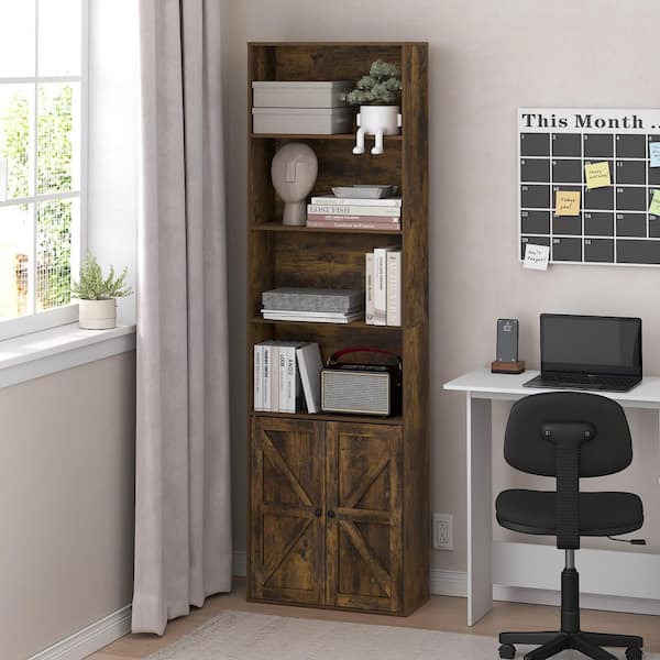 Jensen 71.26 in. Tall Amber Pine Wood 6-Shelf Bookcase with Farmhouse Style