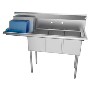 55 in. Freestanding Stainless Steel 3 Compartments Commercial Sink with Drainboard
