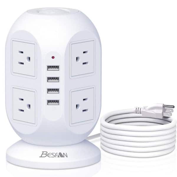 Etokfoks 8-Outlet Power Strip Tower Surge Protector with 4 USB Ports Charging Station in White