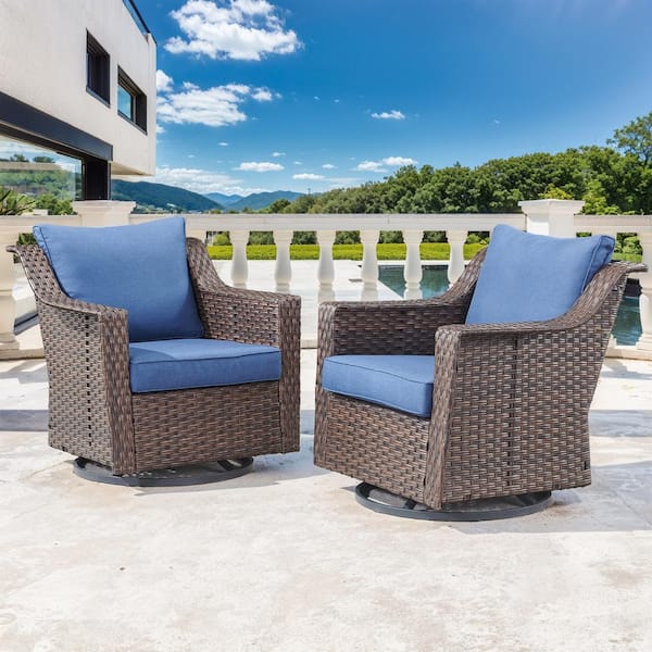 Skinny Guy Series 2-Pack Brown Wicker Outdoor Patio Glider with CushionGuard Blue Cushions