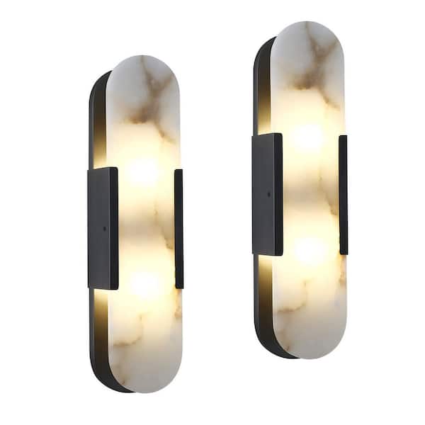 20 in. 2-light Dimmable LED Black Wall Sconce with Alabaster Shade, for Living Room, Bedroom, Dining Room (2PCS)