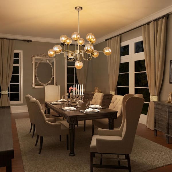 Dalton 13-Light Brass Modern Amber Glass Globe Sputnik Chandelier Vintage Farmhouse Magic Bean Molecule Ceiling Pendant