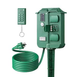 Outdoor Power Stake Timer Waterproof, 100 ft. Wireless Remote Control, 6 Grounded Outlets, 6 ft. Extension Cord