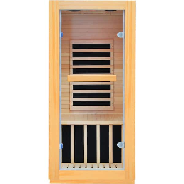 1-Person Okoume Wood Infrared Sauna with Bluetooth, Ambient Lighting & 5 Heating Plates 900W Personal Home Sauna Room