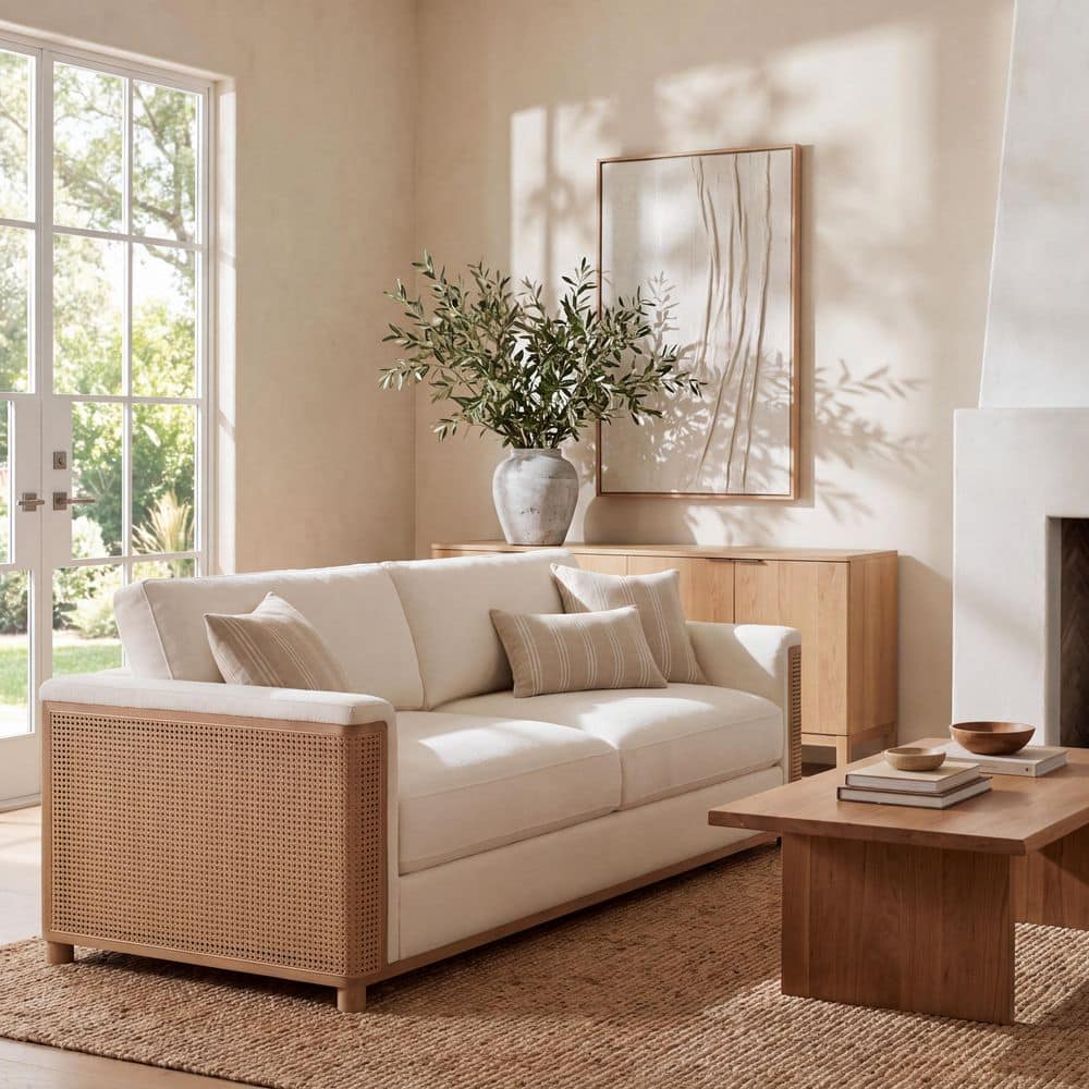 80.3 in Wide Woven Cane Square Arm Boucle Straight Rattan Sofa in Cream Beige price history on PriceWatchPro