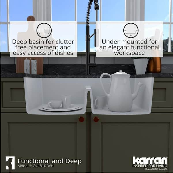 Karran QU-810 32 Undermount Double Equal Bowl Quartz Kitchen Sink in White