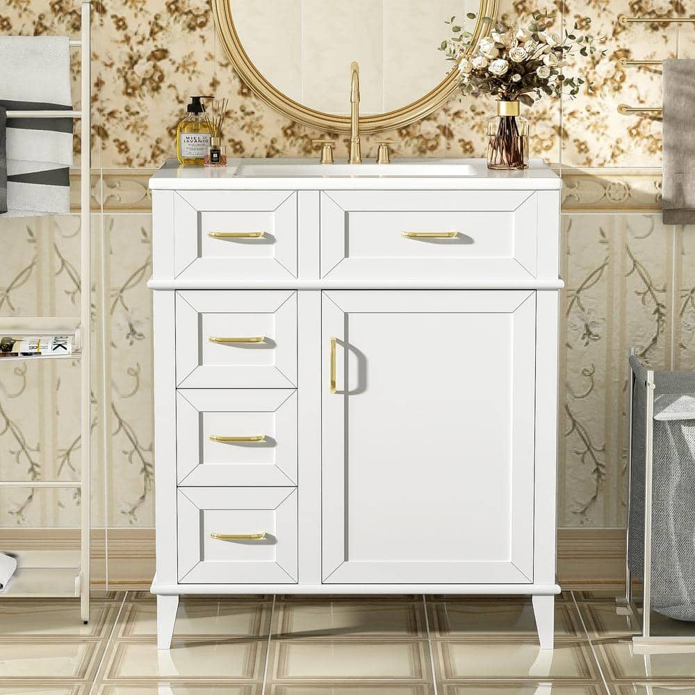 30 in. Single Sink Freestanding White Bath Vanity with Ceramic Sink Top Adj
