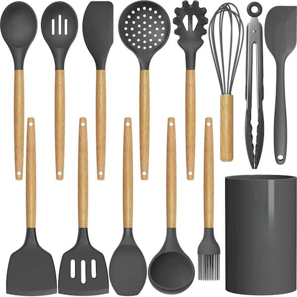 Silicone Cooking Kitchen Utensil Holder Set with Turner Tong, Spoon, Brush, Whisk, 446°F Heat Resistant, BPA Free, Gray