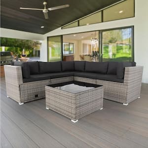 Gray 6-Piece Wicker Outdoor Sectional Set With Black Cushions and 3 Storage Under Seat