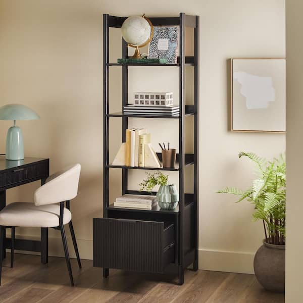 Modern 70 in. Tall Black Wood 4-Shelf Bookcase with Reeded Drawer and Open Back