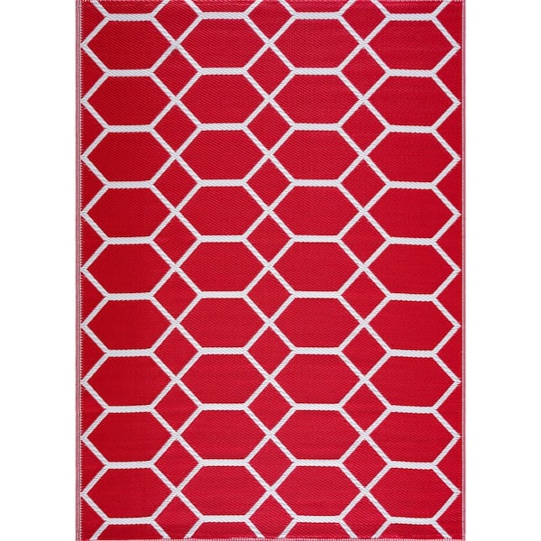 Unbranded Miami Red White 8 ft. x 10 ft. Reversible Recycled Plastic Indoor/Outdoor Area Rug