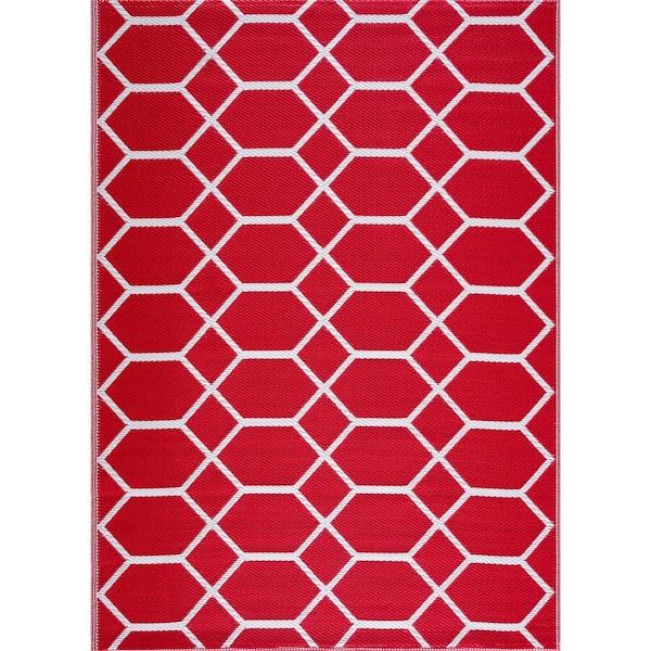 Miami Red White 4 ft. x 6 ft. Reversible Recycled Plastic Indoor/Outdoor Area Rug