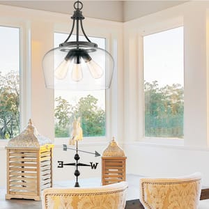 Octave 15 in. W x 18 in. H 3-Light English Bronze Shaded Pendant Light with Clear Glass Shade