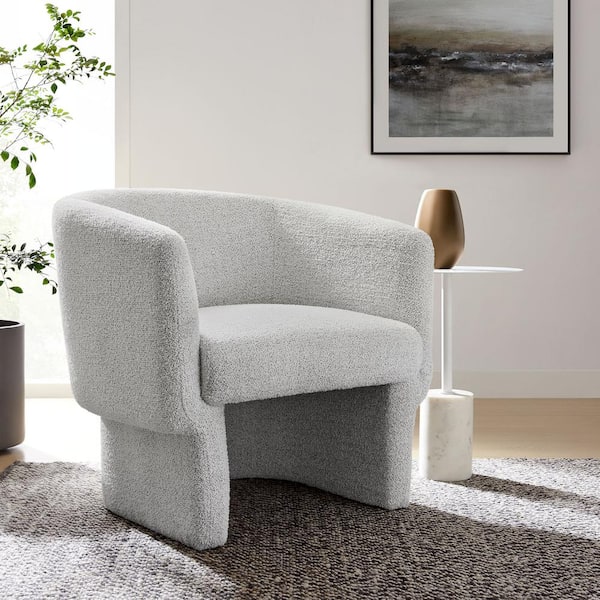 Modway Muse Comfy Barrel Accent Chair in Newsprint Boucle Fabric Cozy Round Reading Armchair