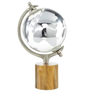 15 in. Silver Wood Decorative Globe with Brown Base