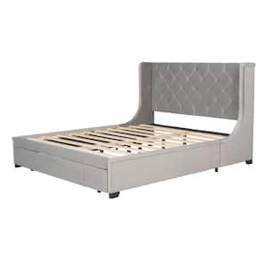 65 in. W Gray Wood Frame Queen Platform Bed with Drawer