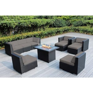 Ohana Black 10 -Piece Wicker Patio Fire Pit Seating Set with Sunbrella Taupe Cushions