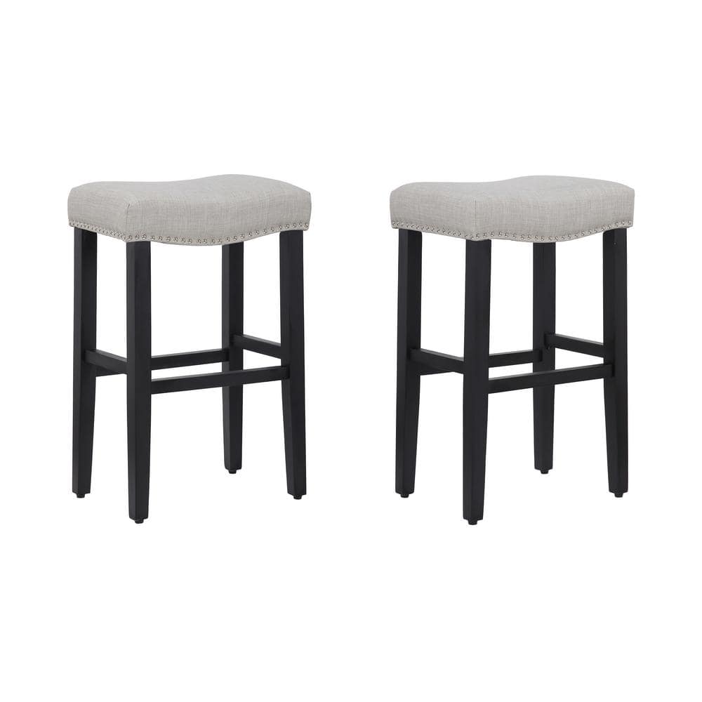 29" Gray Upholstered Saddle Seat Bar Stools, Set of 2