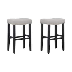 Jameson 29 in. Bar Height Black Wood Backless Barstool with Upholstered Gray Linen Saddle Seat Stool (Set of 2)